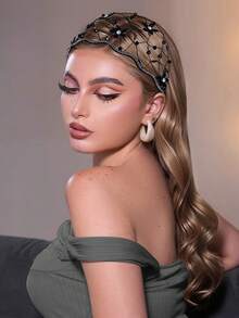 1pc Rhinestone Flower Crown Headband, Luxury Minimalist Crystal Woven Mesh 3D Wide Headpiece, Suitable For Bride, Wedding, Festival, Party, Casual Wear - Black - View 5