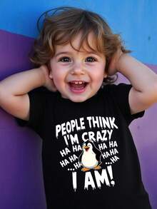 男童休闲趣味标语和企鹅图案印花圆领短袖T恤，春夏新品