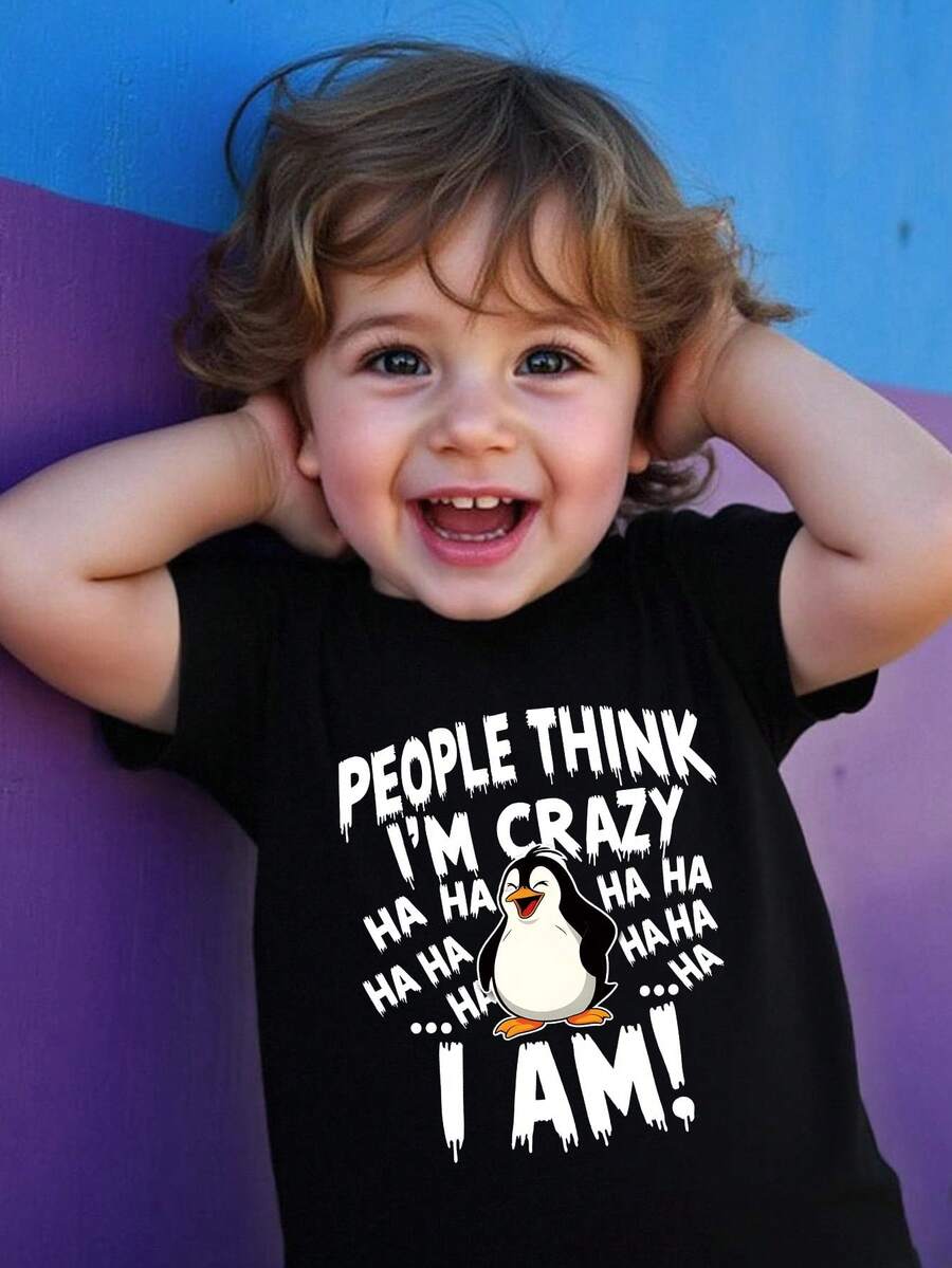 男童休闲趣味标语和企鹅图案印花圆领短袖T恤，春夏新品