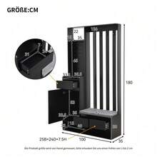 Flurgarderobe mit gepolsterter Aufbewahrungsbank, multifunktionaler Flur-Schuhschrank mit Stecktafel, moderne Garderobe mit 4 Haken für Eingangsbereich, Waschküche, Schwarz,H180/B100/T35 cm