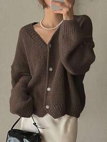 New Women's Solid Color Fashion Casual Commute Versatile Date Travel Soft V-Neck Button Long Sleeve Knit Cardigan Sweater Jacket Top - Brown - View 5