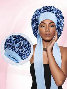 1件缎面蝴蝶结睡帽，纯色弹力带，轻盈透气，适合女性和女孩，黑色睡帽 - 藍色 - 查看 9