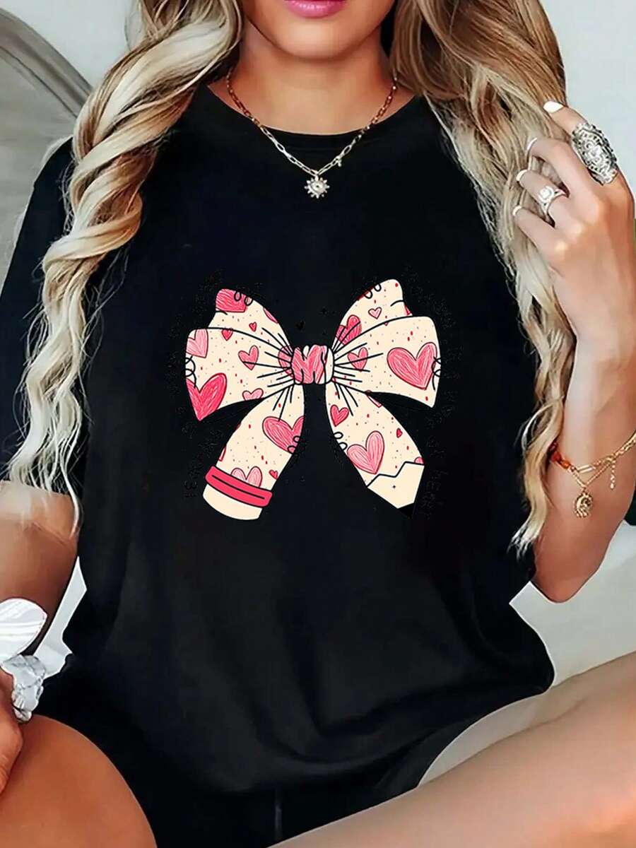 1pc blusas de mujer blusas bonitas para mujeres conjuntos para mujer blusas de mujer en oferta  Imagen de Lazo Corazón T shirt algodón 180g blanco y negro patrón estampado de corazón impresión de alta calidad en algodón cuello redondo corte básico holgado hombres y mujeres transpirable versátil lavable a máquina cómodo talla S ~ 3XL diario casual deportivo imprescindible para el verano - Negro - Ver 1