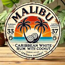 Malibu Caribbean White Rum Vintage Aluminum Sign - 8" Round Waterproof, Coconut Design, Tropical Bar Home Decor, Rustic Finish - 彩色 - 查看 3