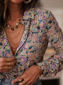 新款女式衬衫休闲波西米亚花卉四季长袖衬衫 - 多色印花纽扣优雅衬衫，适合日常休闲穿着、度假、正式场合、通勤、百搭，设计优雅， - 彩色 - 查看 4