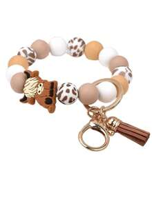 1pc Fashion Keychain Pendant, Bohemian Style Bellis Perennis Yak Pendant, Silicone Cow Pattern Silicone Beaded Tassel Charm Wrist Keychain, Backpack Accessories, Key Anti-Lost Bracelet, Gifts For Friends, Gifts For Mother, Gifts For Girls, Christmas Gifts Halloween Accessories Teachers Day Gift Ideas Bag Accessories Lanyards With Id Holder Car Accessories Bag Charms