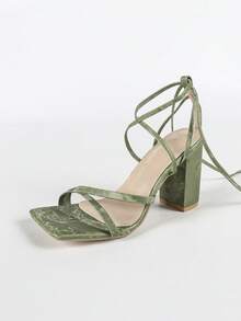 Spring/Summer Women's Olive Green High Heel Sandals With Long Laces Up To Calf, Square Toe Chunky Heel Comfortable Fashion Versatile High Heels, Peep Toe Flattering Leg Length, Pastel Pink Chic Shoes - Dark Green - View 7