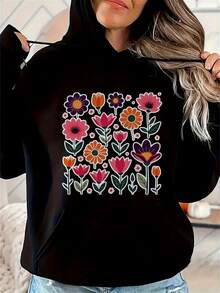 Women's Black Hoodie With Colorful Floral Print - Loose Fit Casual Pullover, Medium Stretch Fabric, Machine Washable - 黑色9 - 查看 1