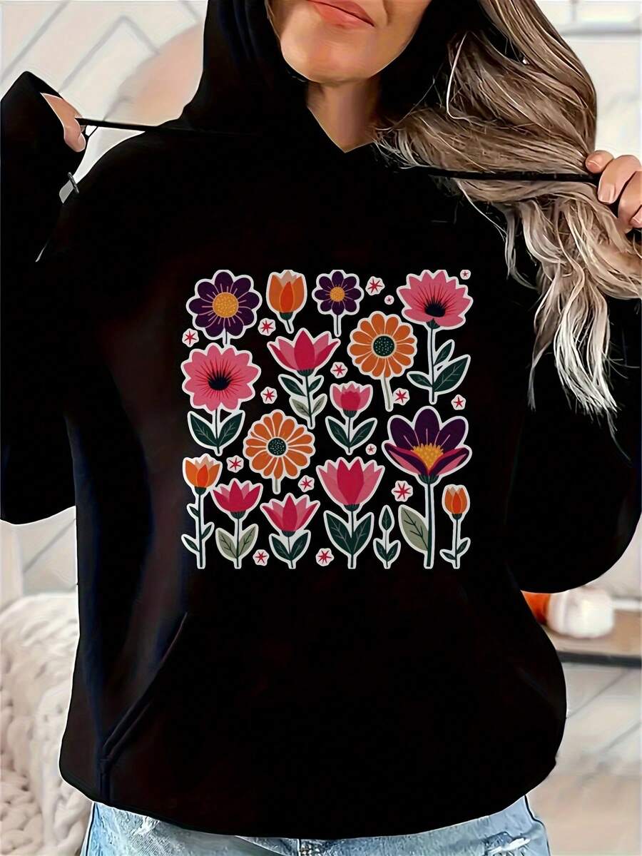 Women's Black Hoodie With Colorful Floral Print - Loose Fit Casual Pullover, Medium Stretch Fabric, Machine Washable - 黑色9 - 查看 1