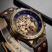 1pc 50M Waterproof Vintage Copper Mechanical Watch Brown Leather Strap Hollow Gear Skeleton Transparent Flying Tourbillon Power Storage Visible On The Back Cover For Real Automatic Mechanical Watch Men's Birthday Gift Husband Father's Day Wedding Souvenir Precise Timekeeping