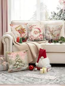 4 件套复古圣诞抱枕套 - 粉色主题，带有圣诞老人、靴子、驯鹿和圣诞树图案 - 舒适时尚的 17.7"X17.7" 拉链沙发和卧室装饰靠垫套 - 高品质涤纶，仅可手洗，不含枕芯 - 彩色 - 查看 2
