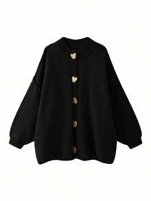 女士优雅复古风休闲商务通勤开衫，韩版时尚金属爱心纽扣宽松长袖针织衫，适合春、秋、冬季穿着，黑色 - 黑色 - 查看 4