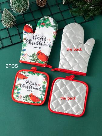 圣诞礼物装饰烤箱手套，采用涤纶材料制成，烘焙和烹饪手套带隔热垫套装，厨房隔热手套，餐厅隔热垫圣诞套装，2 件