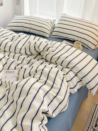 3pcs 100% Polyester Nordic Minimalist Striped Print Duvet Cover Set, 2 Pillowcases + 1 Duvet Cover (No Bed Sheet), Soft & Skin-Friendly, Suitable For All Seasons