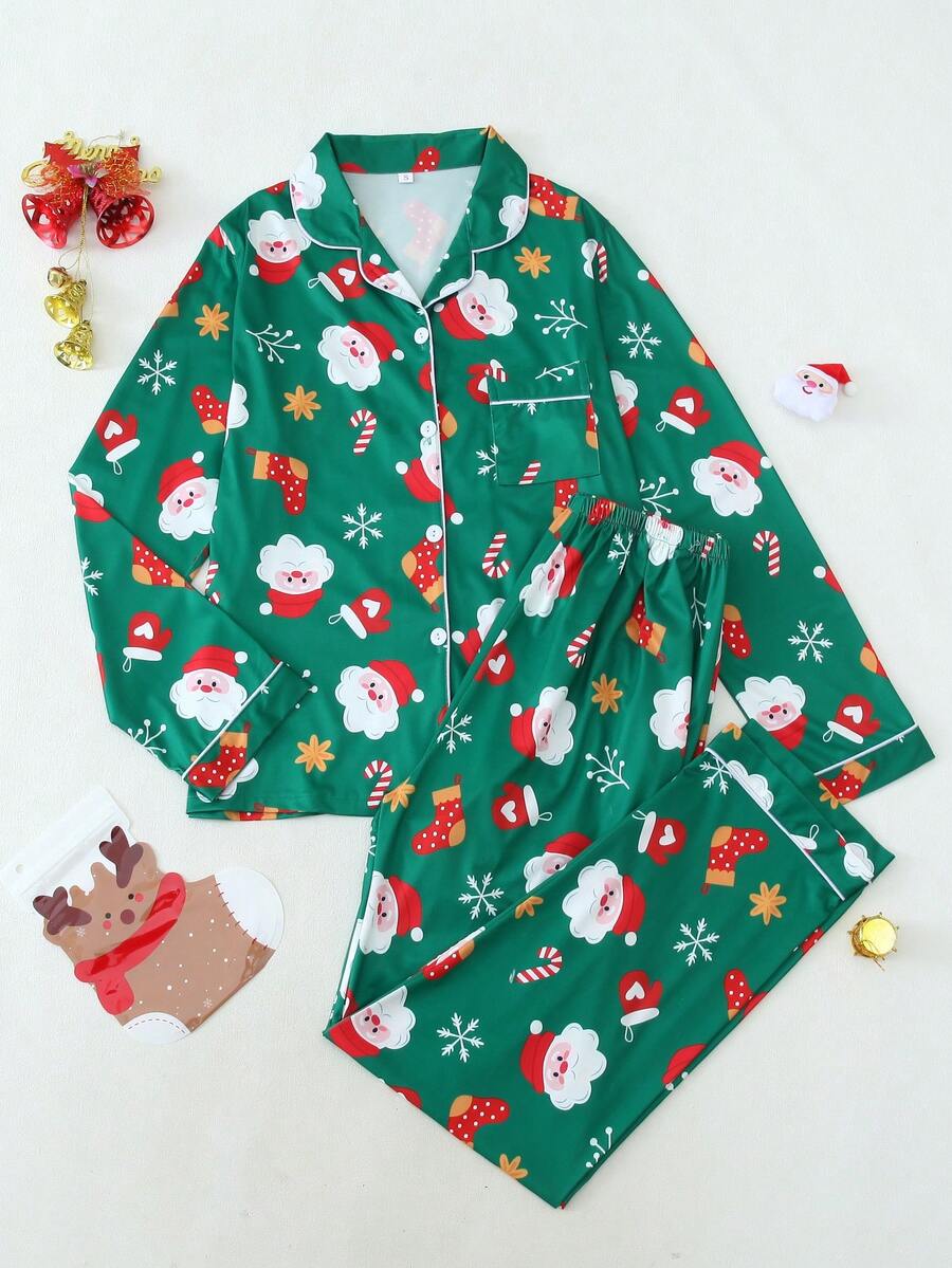 Conjunto de pijama de manga larga con estampado navideño para mujer, ropa de otoño