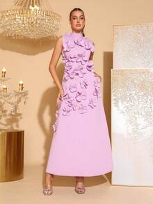 Modphy 全新优雅 3D 花卉装饰紧身高领无袖连衣裙，配蝴蝶结缎带，适合婚礼嘉宾、伴娘、正式派对、鸡尾酒会 - 紫色 - 查看 3