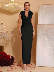 Nuevo vestido elegante con decoración floral 3D de escote en V profundo y sin mangas, adecuado para invitados de boda, damas de honor, fiestas festivas, vestido de noche formal