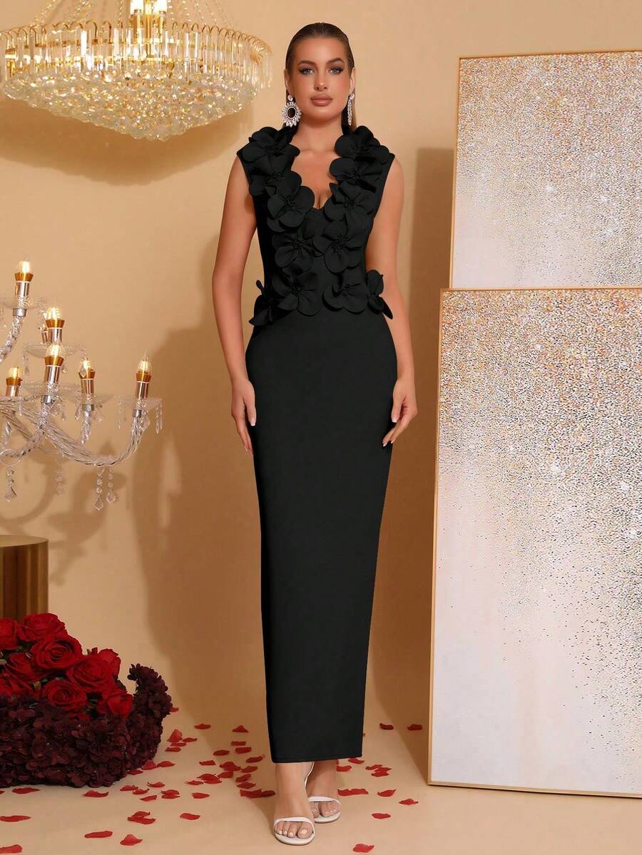 Nuevo vestido elegante con decoración floral 3D de escote en V profundo y sin mangas, adecuado para invitados de boda, damas de honor, fiestas festivas, vestido de noche formal