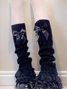 1双女士腿套，洛丽塔风格蕾丝边踝套，可爱蝴蝶结毛绒腿套，JK过膝长筒腿套，舞蹈腿套，黑白两色可选，舒适保暖 - 彩色 - 查看 8