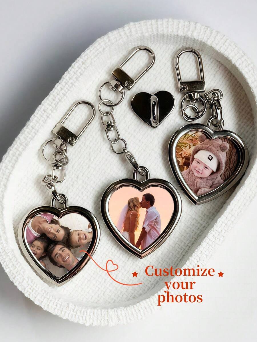 Llavero personalizado con foto, llavero personalizado con foto en forma de corazón, regalo de aniversario, regalo de cumpleaños, regalo del Día del Padre, regalo de llavero con foto para papá y mamá - Plateado - Ver 1