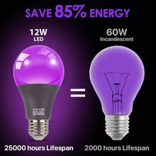 LED黑光灯泡，12瓦（相当于100瓦白炽灯），A19紫外线黑光灯泡，UVA波长385-400纳米，E26中号灯头，适用于黑光派对、荧光海报、霓虹发光，2个装