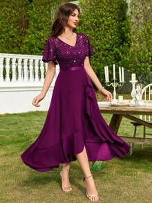 MIUSOL Elegant Women's V Neck Sequin Lace Bodice Maroon A-Line Midi Dress With Flutter Sleeves, Ruffle Flowy High Low Hem, For Formal Prom Gown, Wedding Guest, Evening Party, Cocktail, Dinner - Màu Tím - Xem 4