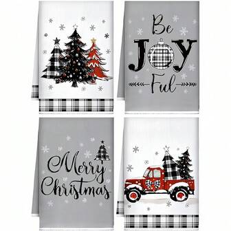4개 회색 크리스마스 트리 트럭, 눈송이 크리스마스 주방 및 욕실 장식 수건, 빨간색 & 검은색 격자 무늬 크리스마스 식사 수건, 새해 크리스마스 주방 장식, 크리스마스 홈 파티 장식 - 뷰티 살롱, 호텔 스포츠, 가정 필수품, 수건, 스킨 케어를 위한 세탁기 사용 가능한 샤워 타월