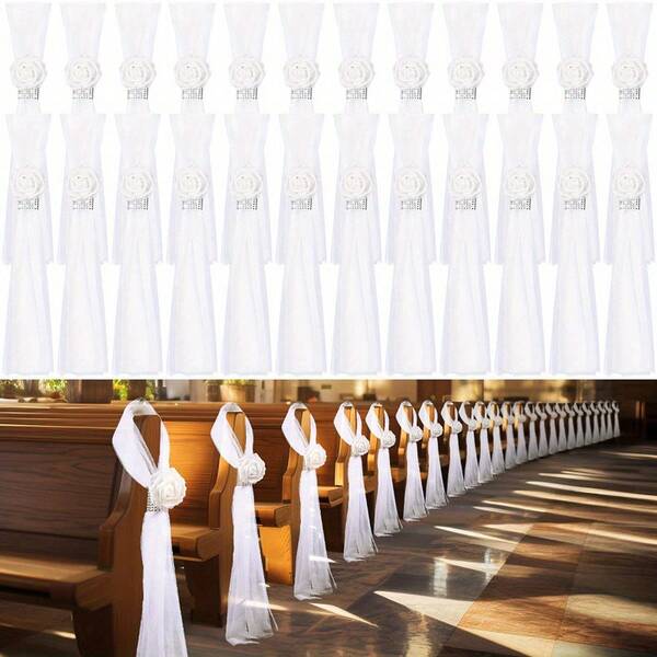 4Pcs Christmas Decorations Wedding Aisle Decoration Ceremony Wedding Chairs, Church Decor Artificial White Roses Rhinestones Wedding Party Bench Spring Summer Decor