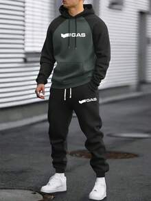 Set di felpa con cappuccio e pantaloni della tuta da uomo con stampa personalizzata a contrasto, abbigliamento sportivo casual alla moda con tasche e vita con coulisse, adatto come regalo per marito o fidanzato