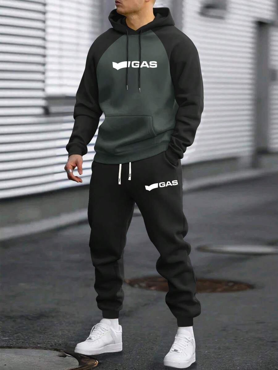 Set di felpa con cappuccio e pantaloni della tuta da uomo con stampa personalizzata a contrasto, abbigliamento sportivo casual alla moda con tasche e vita con coulisse, adatto come regalo per marito o fidanzato