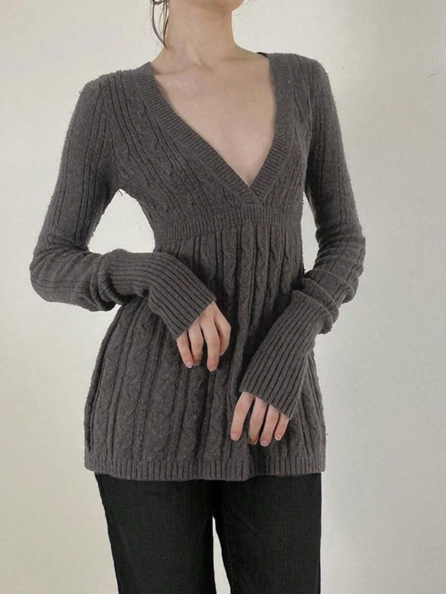 Spice Girl Vintage V-Neck Fried Dough Twists Design Feels Slim At Waist A Swing Sweater Simple Woolen Long Sleeve Top In Early Autumn Lady's Outfit