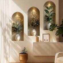 3pcs/Set Nordic Green Plant Theme Faux Arch Window Flower Pot Wall Stickers, 3 Pieces Self-Adhesive Removable Decorative Decals, Suitable For Living Room, Dining Room, Study And Other Connected Decor, Creative Home Wall Art - Multicolor - View 19
