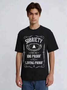 Camiseta de aniversario de sobriedad Living Proof AA NA Recovery - Negra con diseño gráfico de sobriedad blanco, 100% prueba de la flecha y motivo de laurel de Living Proof, camiseta casual de manga corta transpirable para el verano de hombres, camiseta de celebración sobria, diseño de texto en negrita, material no transparente - Negro - Ver 3