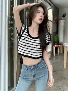 Áo len dệt kim cổ tròn kẻ sọc vintage Niche dành cho nữ - Đen và trắng - Xem 9