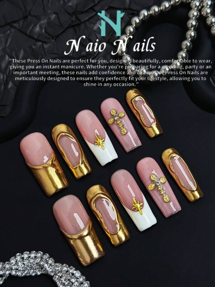NAIO 10 Pieces Handmade Rectangle Press-On Nails With 3D Line Art, Color Nude And Gold Optional, With White Fashionable French Tip Nail Style With Cross And Gold Glitter Sequins Nail Gems Decoration Nail Supplies, They Are Perfect For Women And Girls' Daily Look, Also Great For Parties, Ceremonies And Other Occasions. The Included Tool Set Is A Great Gift For Women And Girls.