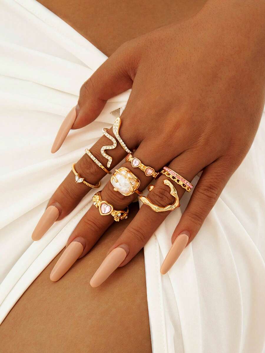 10 Pcs/Set Punk Rings Set For Women Vintage Geometric Rings Set Fashion Personality Jewelry Gifts Match With Daily Outfits, Party Accessories - Gold - View 1