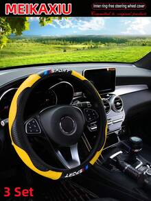 MEIKAXIU 3 件套全新运动型 PU 碳纤维皮革汽车方向盘套 + 手刹套 + 换挡杆套，汽车配件，适合女士 - SPORT PU款碳纖 - 查看 8