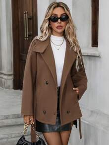 Women's Casual And Elegant Solid Color Office Coats With Knotted Ties, Buttons And Long Sleeves, Suitable For Daily Wear, Gatherings, Autumn And Winter, And Christmas - Brown - View 6