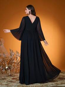Mgiacy,V Neck,Sequin Embroidery,High-End,Plus Size Ball Dress,Flounce Sleeve,Chiffon,Long Dress,Parties And Weddings,Black,Elegant Dresses For Women - Black - View 2