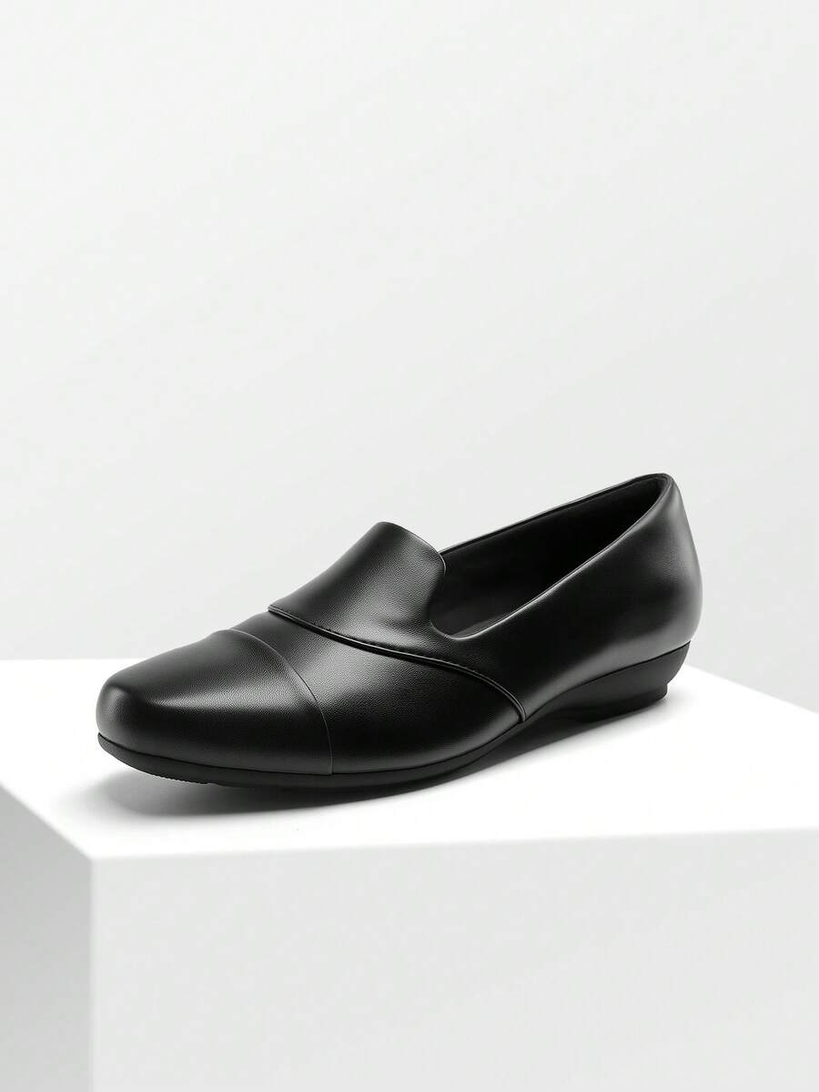 Women Simple Flats Loafers Slip-On Casual Office Business Dress PU Loafers Shoes Arch Support For Teachers Office Staff - 黑色 - 查看 1