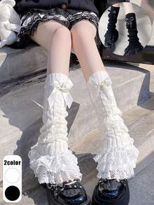 1双女士腿套，洛丽塔风格蕾丝边踝套，可爱蝴蝶结毛绒腿套，JK过膝长筒腿套，舞蹈腿套，黑白两色可选，舒适保暖 - 彩色 - 查看 2