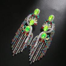 1 Pc New Fashionable  Earrings Personalized Fluorescent Green Exaggerated Tassel Earrings Shining Accessories Earrings - 銀色 - 查看 4
