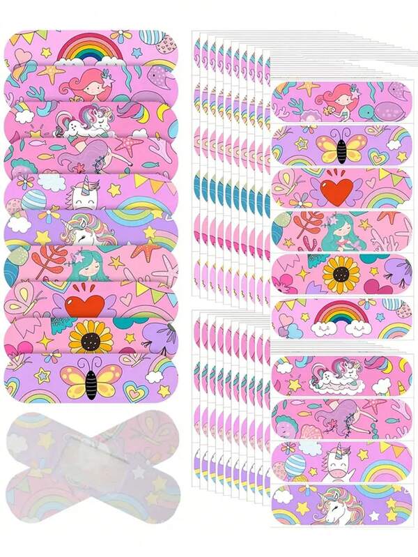 20 Pack Pink Cartoon Band-Aids With Rainbow, Unicorn, Butterfly & Heart Designs - Cute Bandages, Playful Design, Flexible Bandages