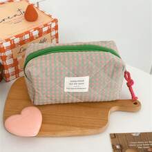 1 pieza Bolsa de maquillaje a cuadros de 4 colores, bolsa portátil de almacenamiento de cosméticos y artículos de aseo