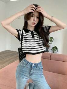 Áo len dệt kim tay ngắn kẻ sọc có cổ, đa năng và thon gọn, áo cánh ngắn dành cho nữ - Đen và trắng - Xem 3