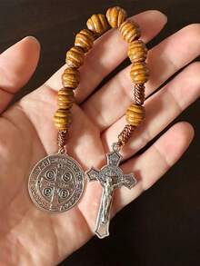 9 Inch St. Benedict Medal Prayer Beads, Catholic Brown Wooden Beads With St. Benedict Medal And Cross - Colorful - View 1