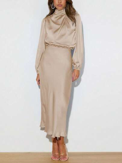 Satin Long Sleeve High Neck Ruched Asymmetrical Elegant Formal Dress, Suitable For Cocktail Party, Bridesmaid