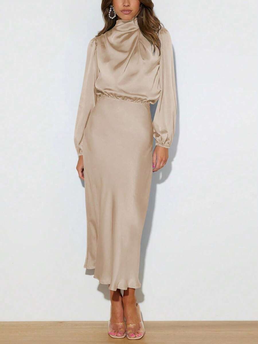 Satin Long Sleeve High Neck Ruched Asymmetrical Elegant Formal Dress, Suitable For Cocktail Party, Bridesmaid - Màu be - Xem 1