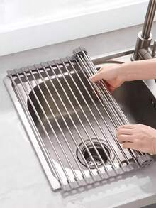 1 Pc Deluxe Roll-Up Stainless Steel Dish Drying Rack - Space-Saving Over-The-Sink Design, Portable & Anti-Rust, Easy To Clean Kitchen Sink Organizer For Small Spaces, Dish Drying Rack For Kitchen Counter, Sleek Metallic Finish, Construction - Multicolor - View 2