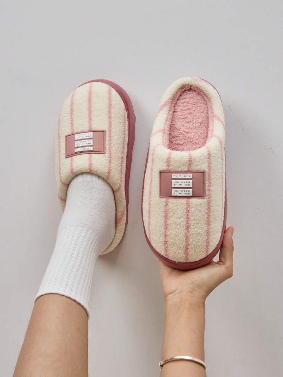 Rosa gestreifte Winter Plüsch Hausschuhe, Damen Schlafzimmer EVA Sohle, rutschfest & langanhaltend, dickes Sohlen Material, Paar-Stil